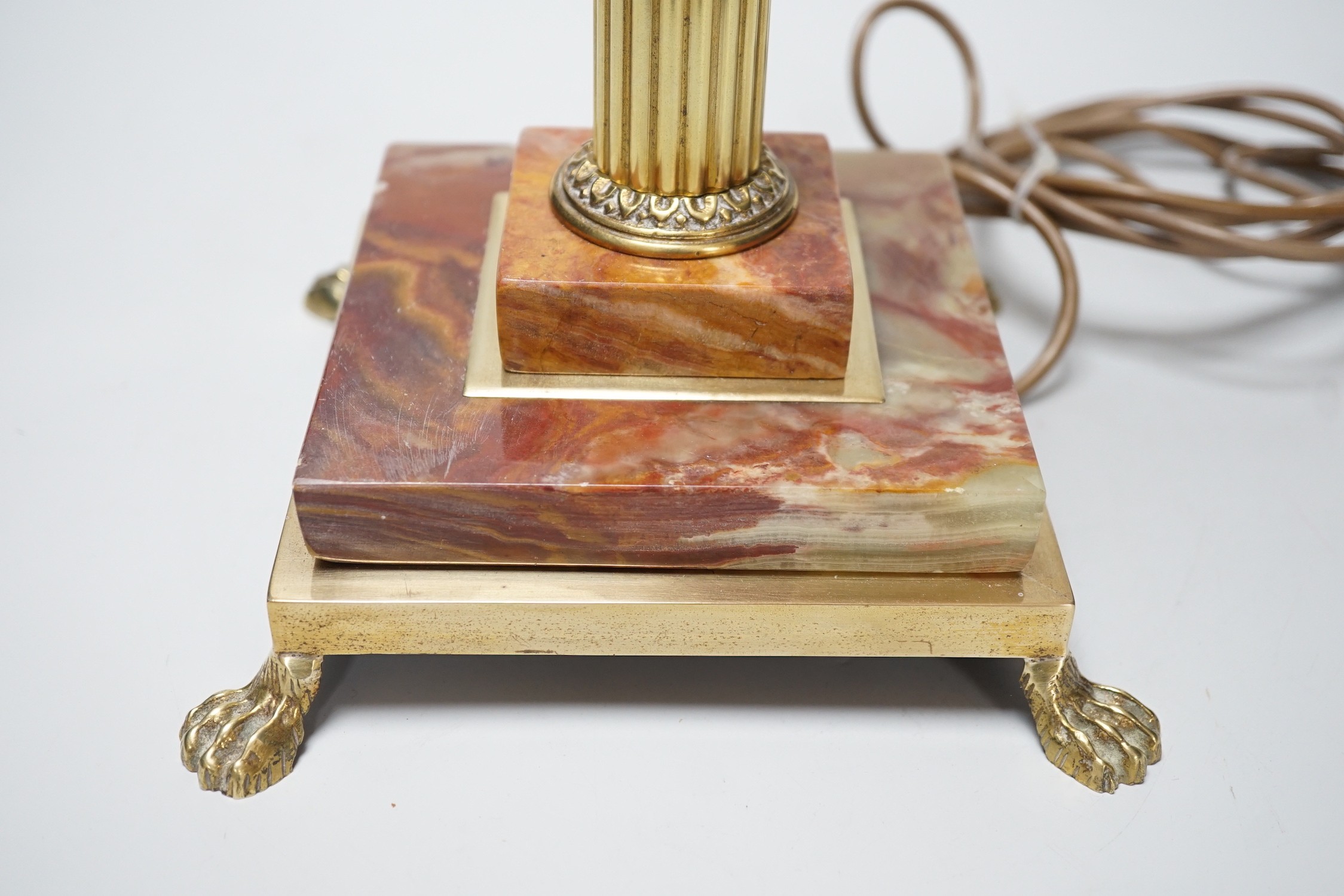 A brass and onyx Corinthian column table lamp, 55cm total height